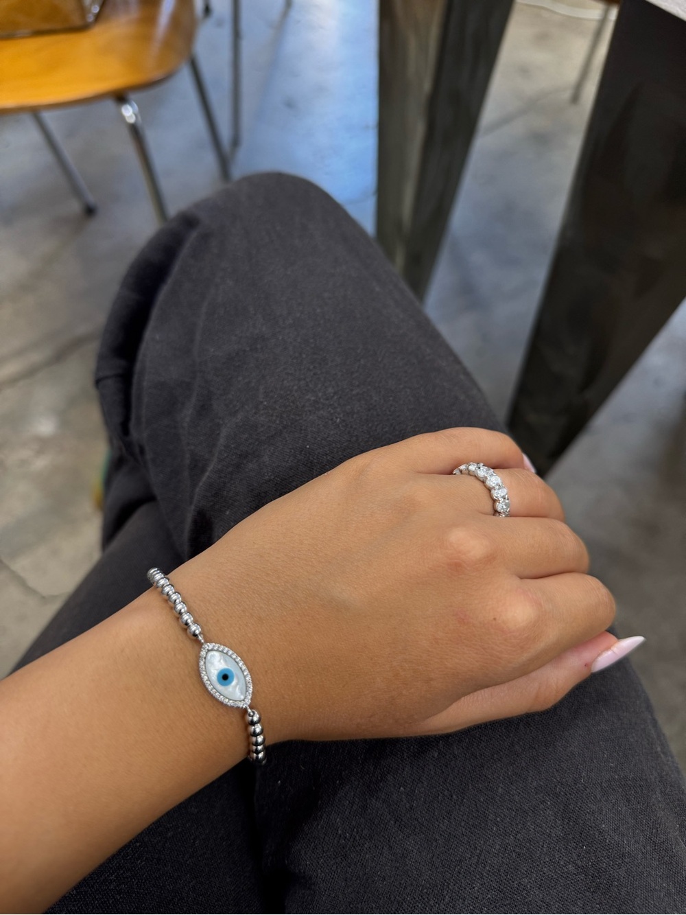 Silver beaded evil eye bracelet